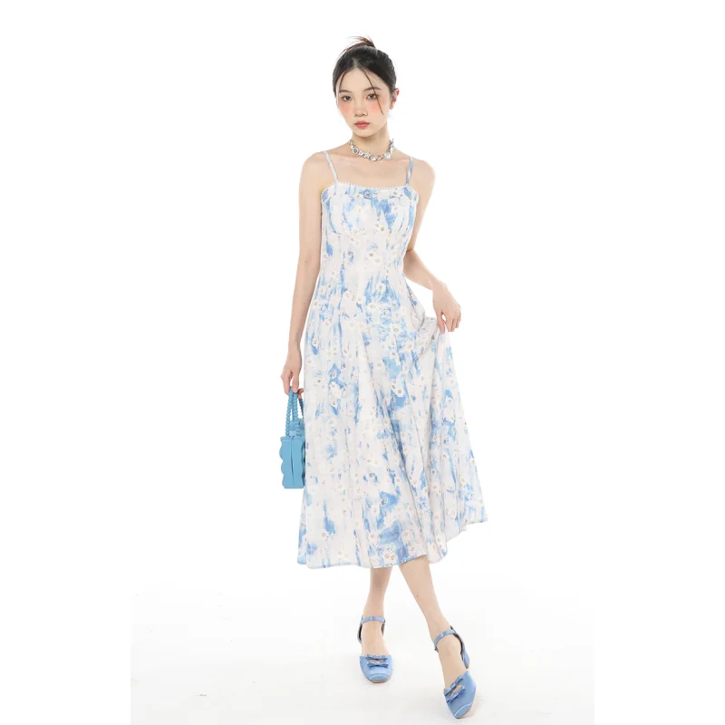 Summer Blue Dress Womens Straps Dress Printing Sleeveless Sexy Korean Fashion Y2K Suspender Simple Female Temperament Longuette