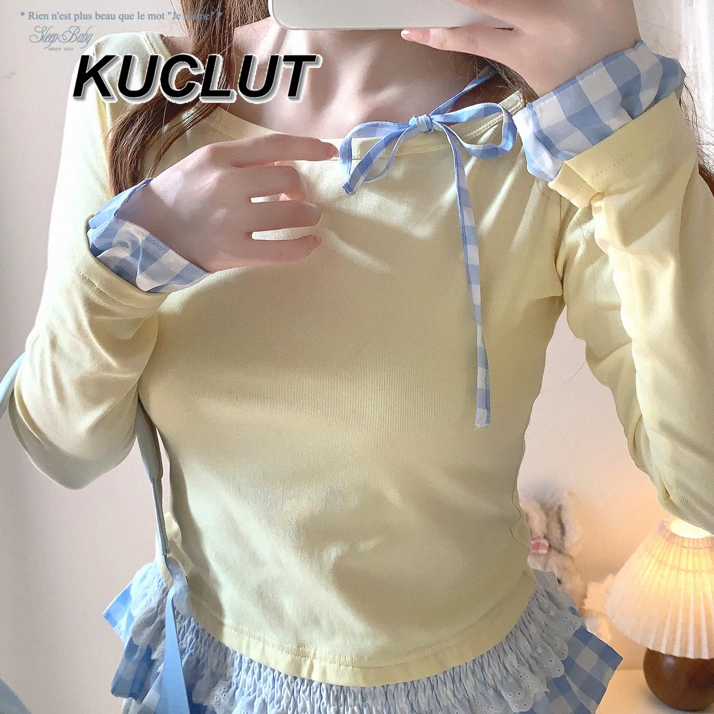 

Off-Shoulder Tee Fashion Casual Tshirts Sweet and Cute Japanese Style Tie-Up Layered Plaid Lace Ruffle Long Sleeve T-Shirt Women
