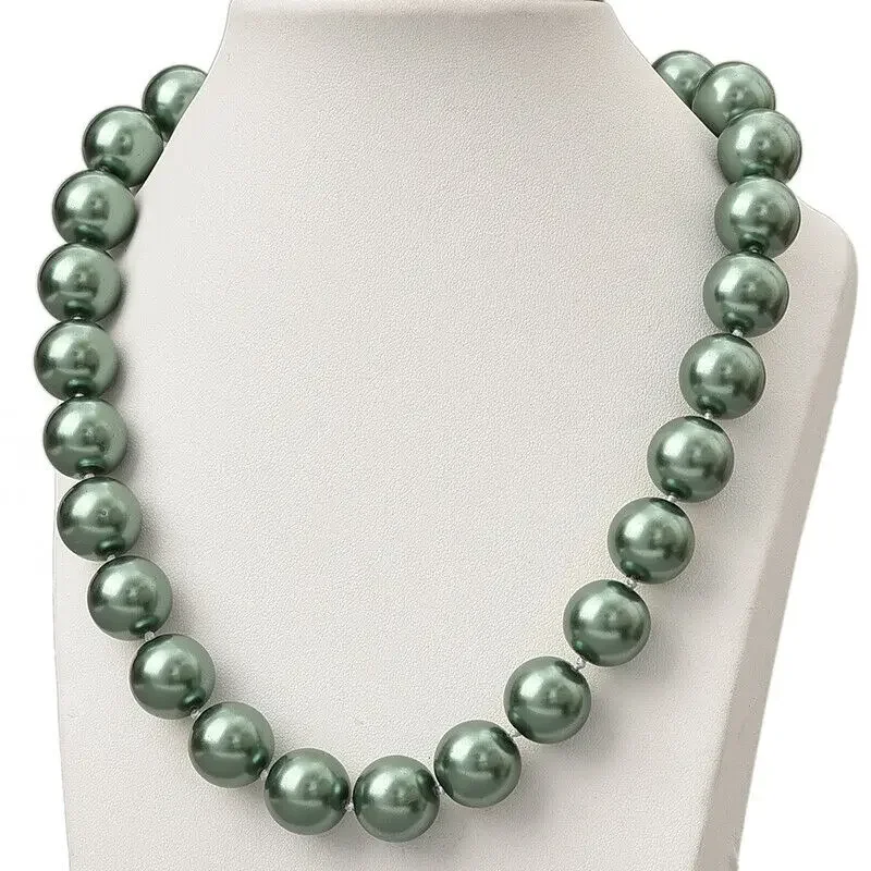 

12mm Dark Green Sea Shell Pearl Round Beads Necklace 18“Inch AAA