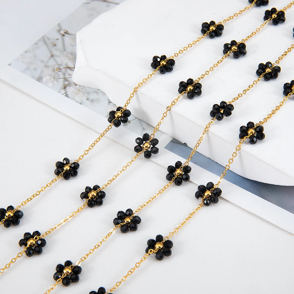 2Meters 1Meter Stainless Steel Black Crystal Flower Chains Natural Stone Beaded Chains for Necklace Earrings DIY Jewelry Making
