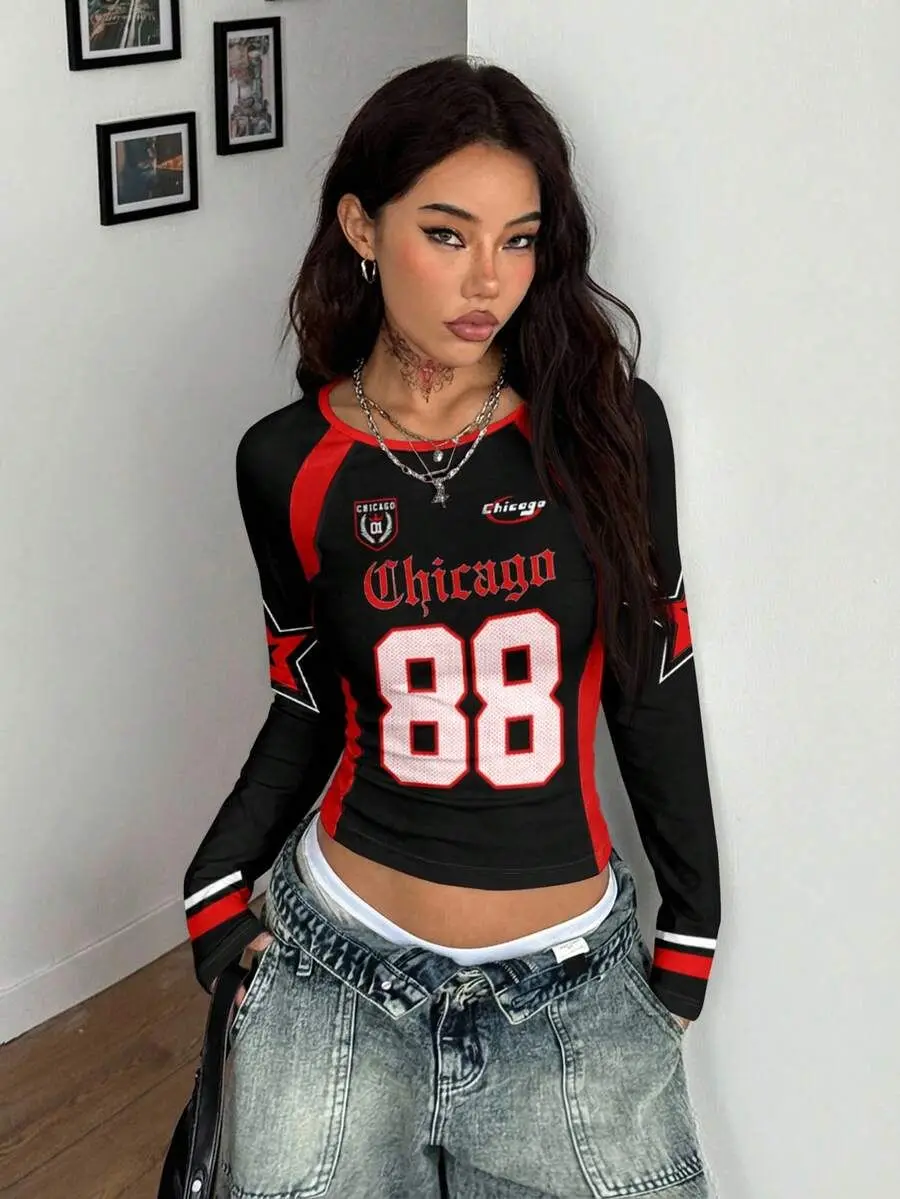 Women Y2K sports raglan crop top, black red color block Chicago 88 star print slim cropped long sleeve shirt S-XXXL