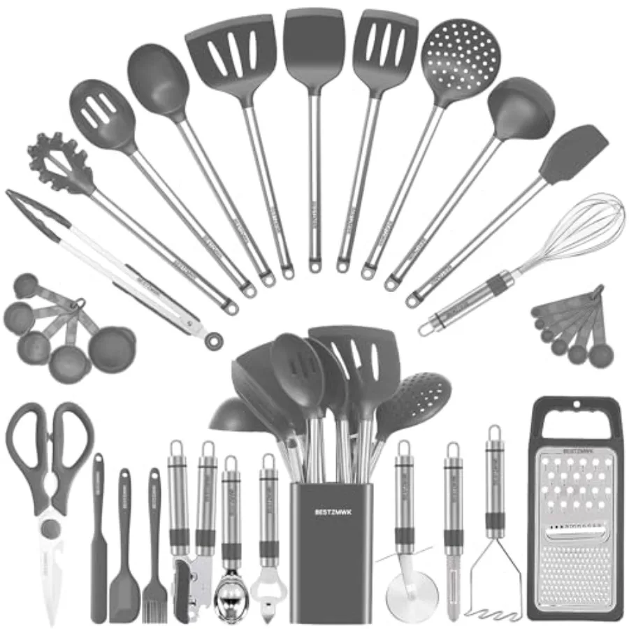 Kitchen Utensil Set-Silicone Cooking Utensils-33 Kitchen Gadgets and Spoons for Nonstick Cookware-Silicone and Stainless Steel