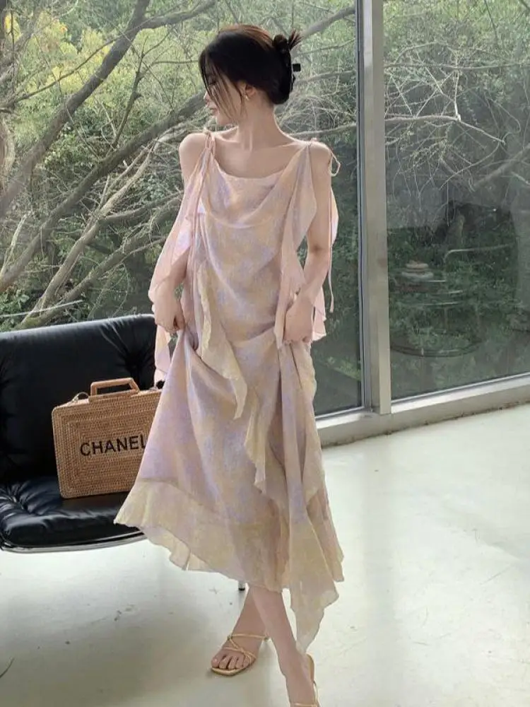 

Summer Pink Print Sleeveless Backless Vacation Pleated Lace-up Slip Long Dress French Women's Sexy Club Ruffled Edge Party Dress