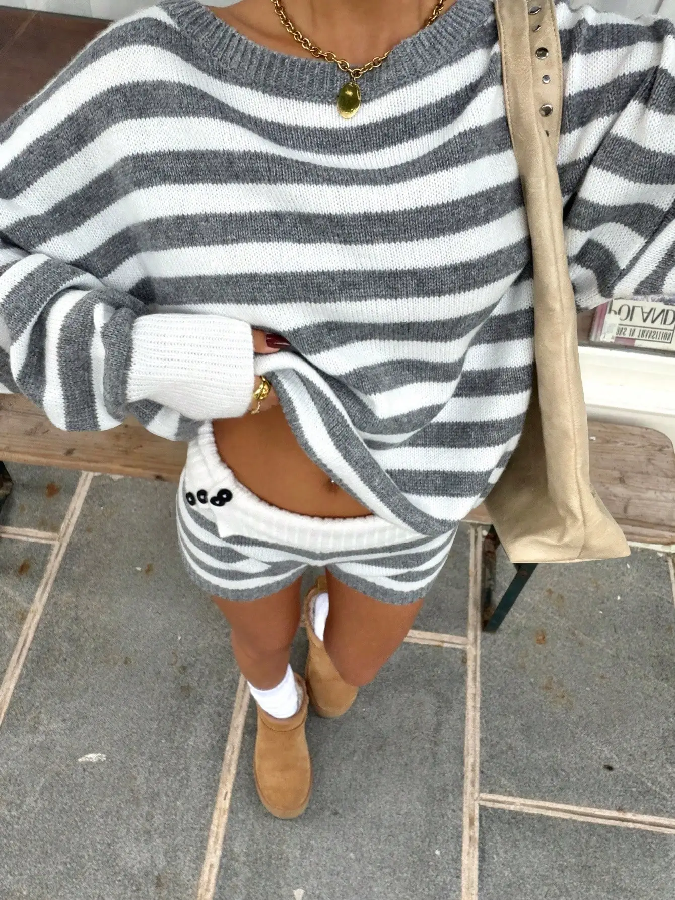 

Ombre Striped Knit Sweater And Shorts Set For Women
