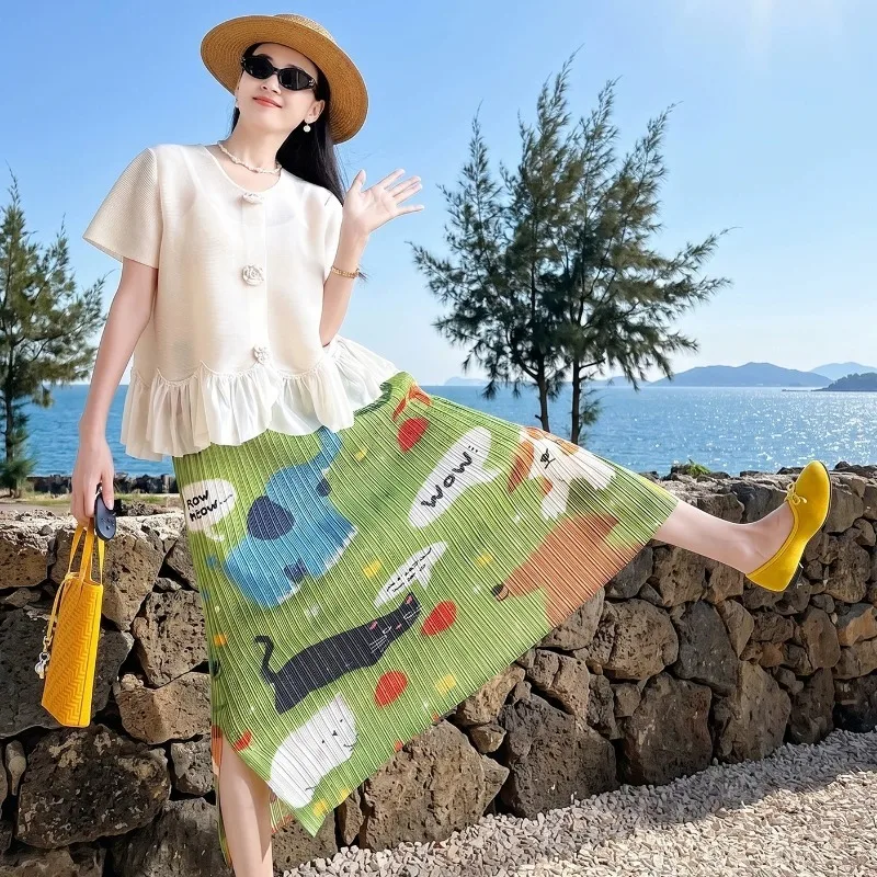  Pleated T-Shirt 2026 Summer New Simple Casual Bud Top Draped Slit Printed Skirt Women's Elegant Vacation Sweet Clothing