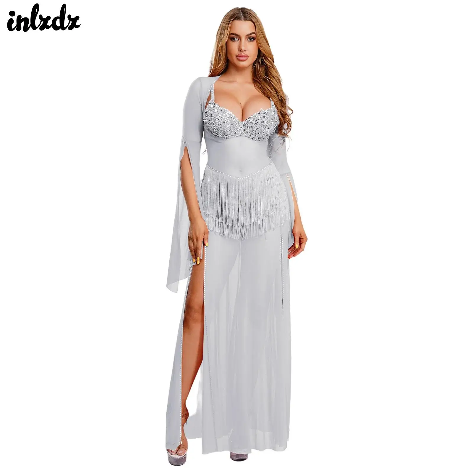 

Женское платье макси с рукавами-колокольчиками и кисточками на талии, отделкой стразами и разрезом по подолу, египетская индийская одежда для танца живота, костюм для выступлений