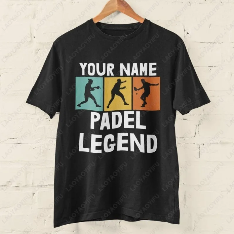 Personalisiertes „Your Name The Padel Legend“ Baumwoll-T-Shirt für Padel-Fans, Tennisspieler-Silhouette, sportlich, lässig, bedruckt, Unisex-Oberteile