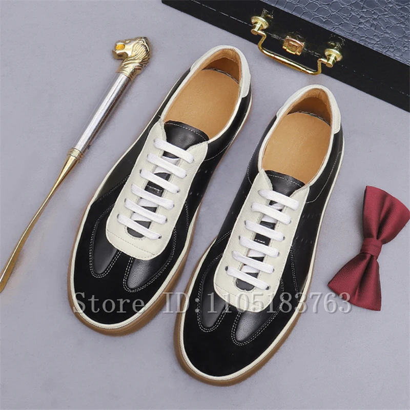 Men Color Block Leather Sneakers Low Top Lace Up Casual Board Shoes Genuine Leather Suede Splicing Breathable Casual Shoes
