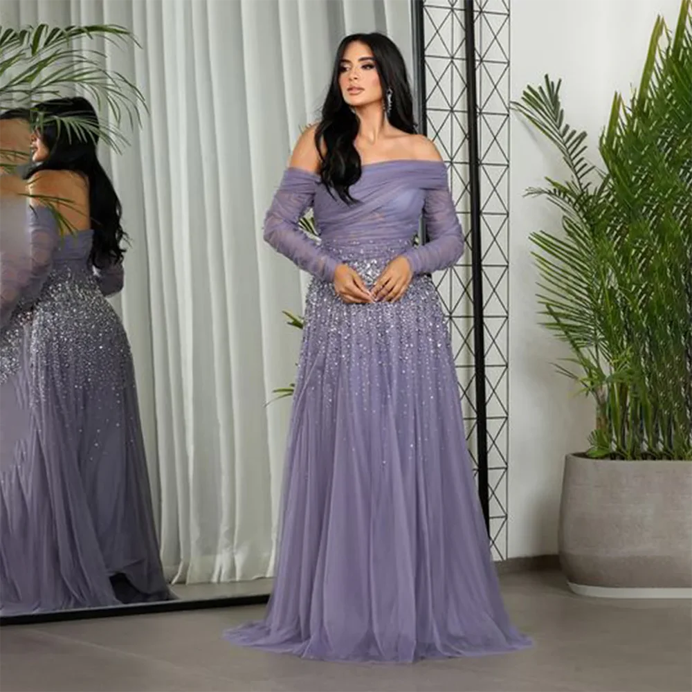 Vestido de noche de cristal de lujo con hombros descubiertos, manga larga, vestido de noche azul real, línea A, tul, largo hasta el suelo, vestidos de graduación personalizados