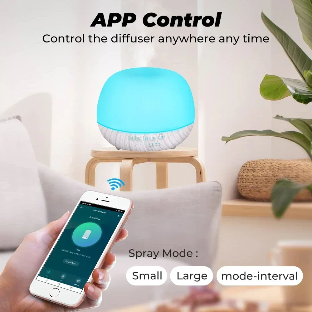 Smart WiFi 500ml Aromatherapy Essential Oil Diffuser Air Humidifier, Connect with Tuya, Alexa and Google Home with 7 LED Colors