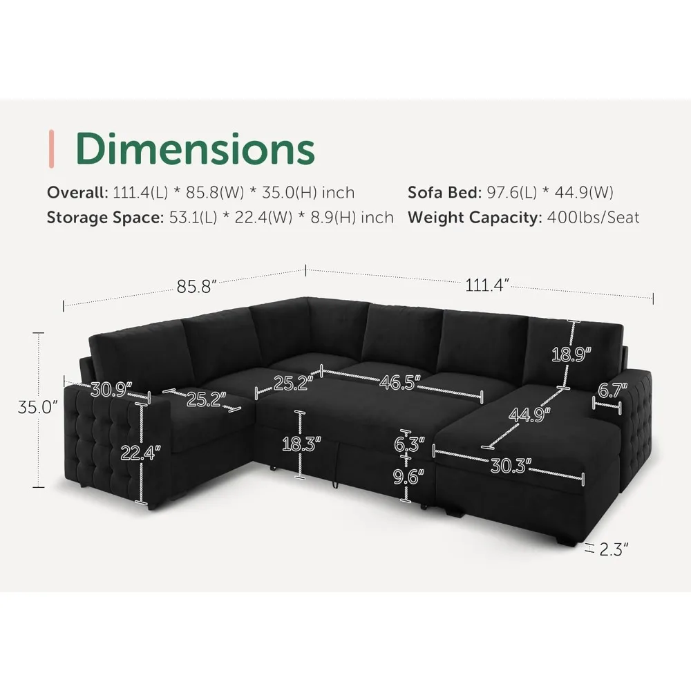 Modular sofa bed, pull-out bed with storage chaise longue, U-shaped modular sofa, velvet sofa, modular sofa, folding bed, black