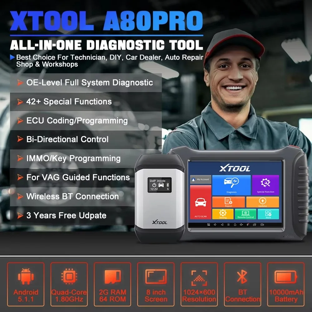 XTOOL A80Pro All System Car Diagnostic Tool with ECU Programming/Coding Bi-Directional Control 42 Reset Functions Key Programmer