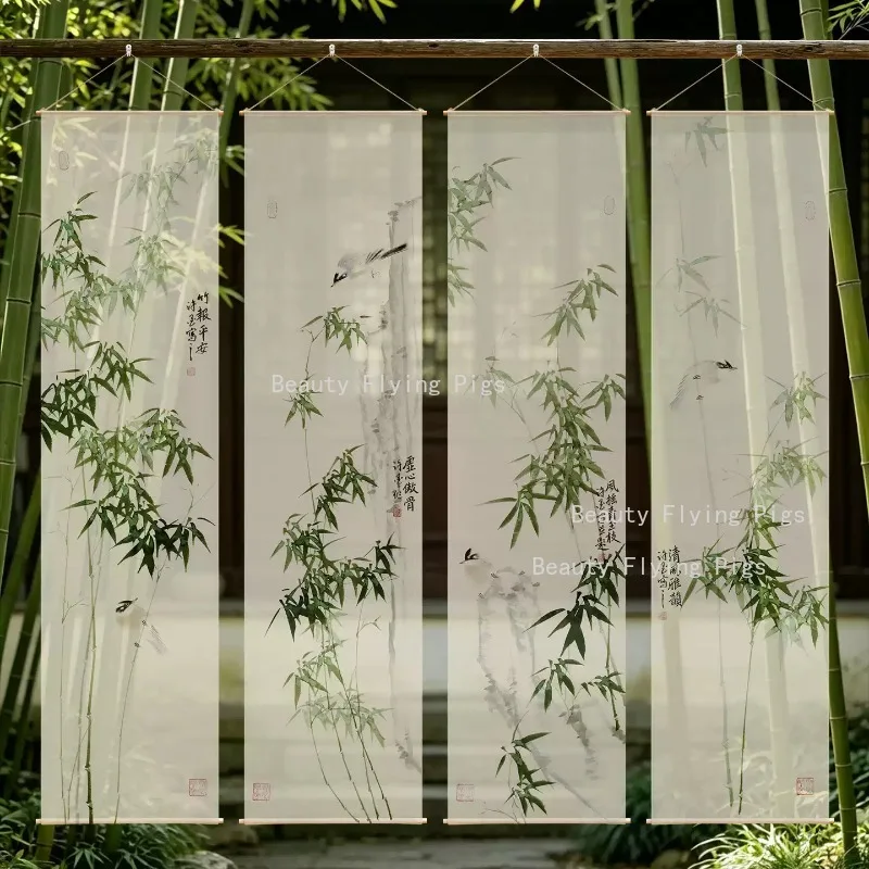 1pc Chinese Bamboo Gauze Curtain Hanging Cloth, Tea Room Background Curtain, Entrance Partition Curtain, Home Decoration