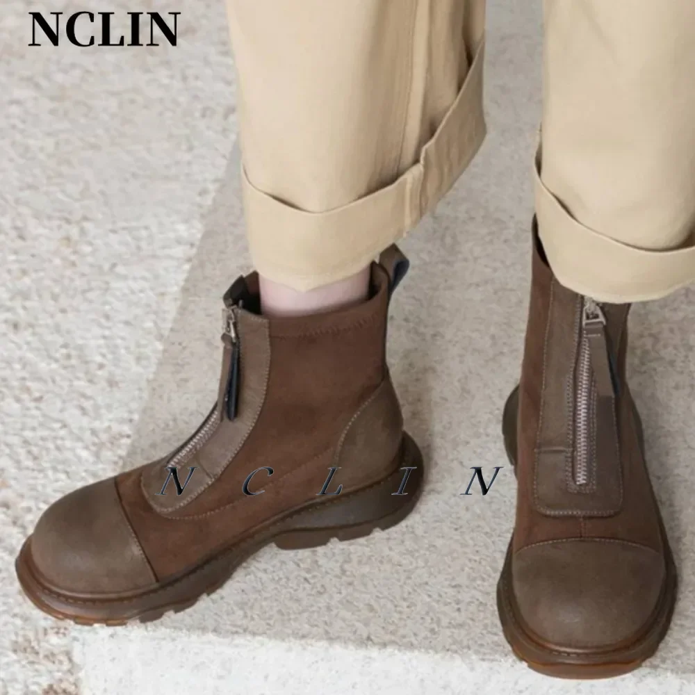 

Женские ботильоны из натуральной кожи на толстом высоком каблуке с круглым носком