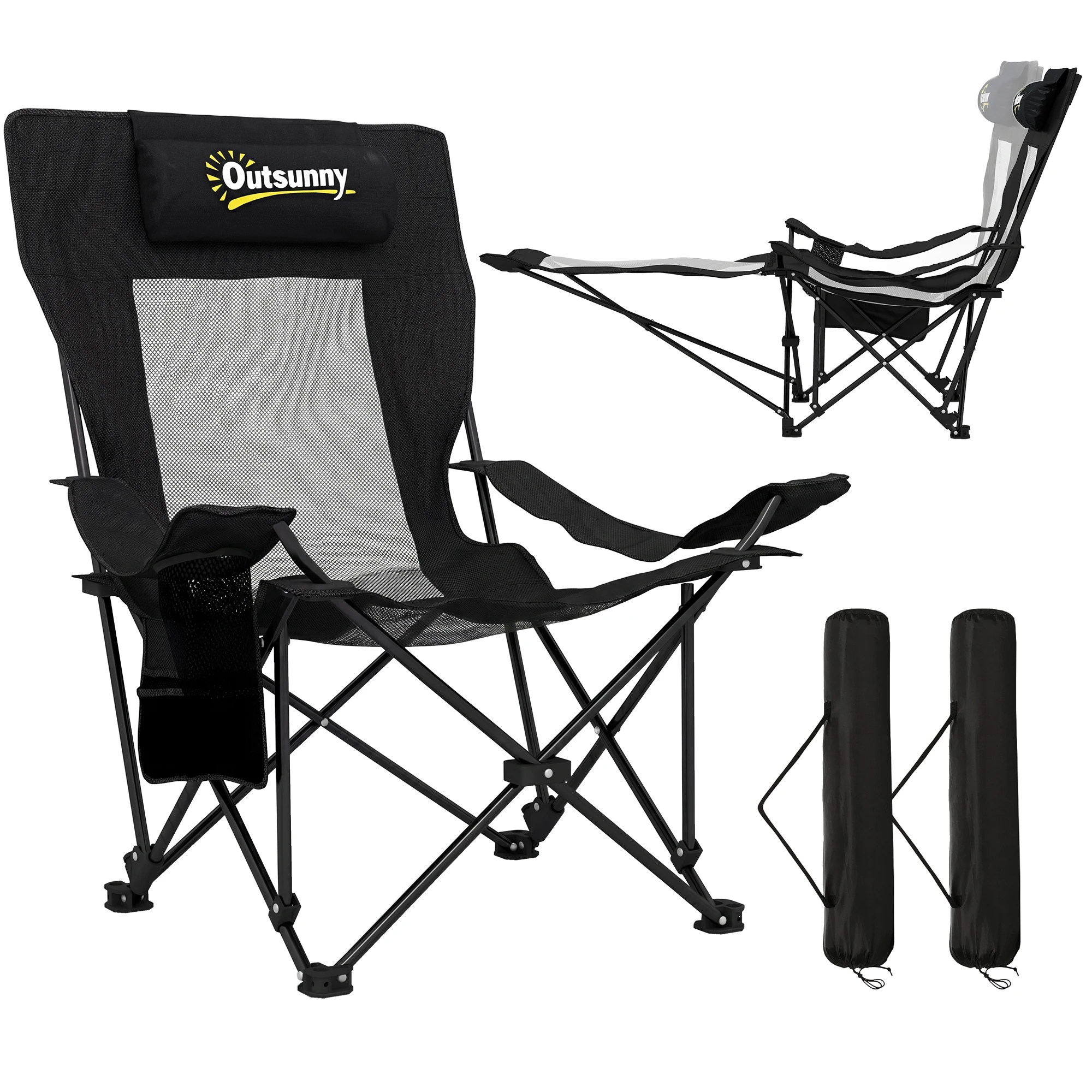 Outsunny Conjunto de 2 Sillas Plegables Camping con Reposapiés Desmontable Negro