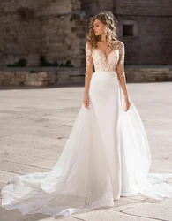 Vestidos De novia De sirena De manga larga De encaje con tren desmontable, vestido De novia con cuello en v, vestido De princesa abierto, personalizado, 2022