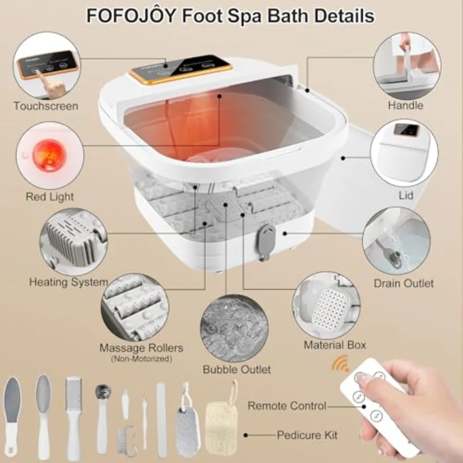Collapsible Foot Spa with Heat and Remote Control Massage Rollers Bubble Function Foot Pedicure Kit Temperature Control Red Lig