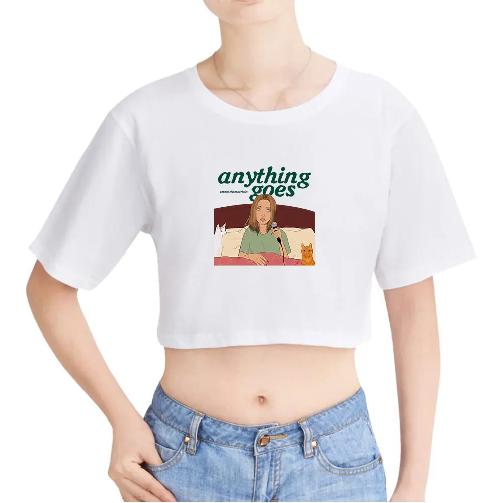 Emma Chamberlain Anything Goes Vintage 90s Crop Top Exposed Navel T-Shirt Oversize O-Neck Tops Funny Fashion Women Tshirt