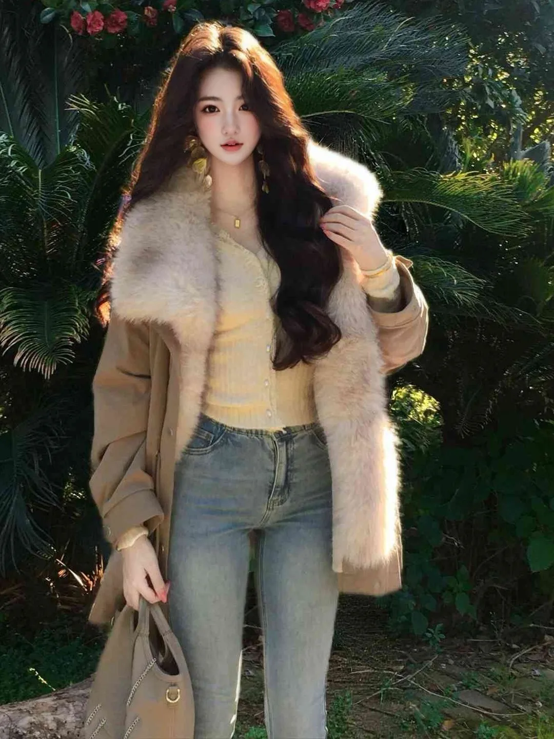 

Retro Brown Collar Fur Leather Integrated Jacket Korean Style Loose Fashionable Winter Outerwear for Young Women