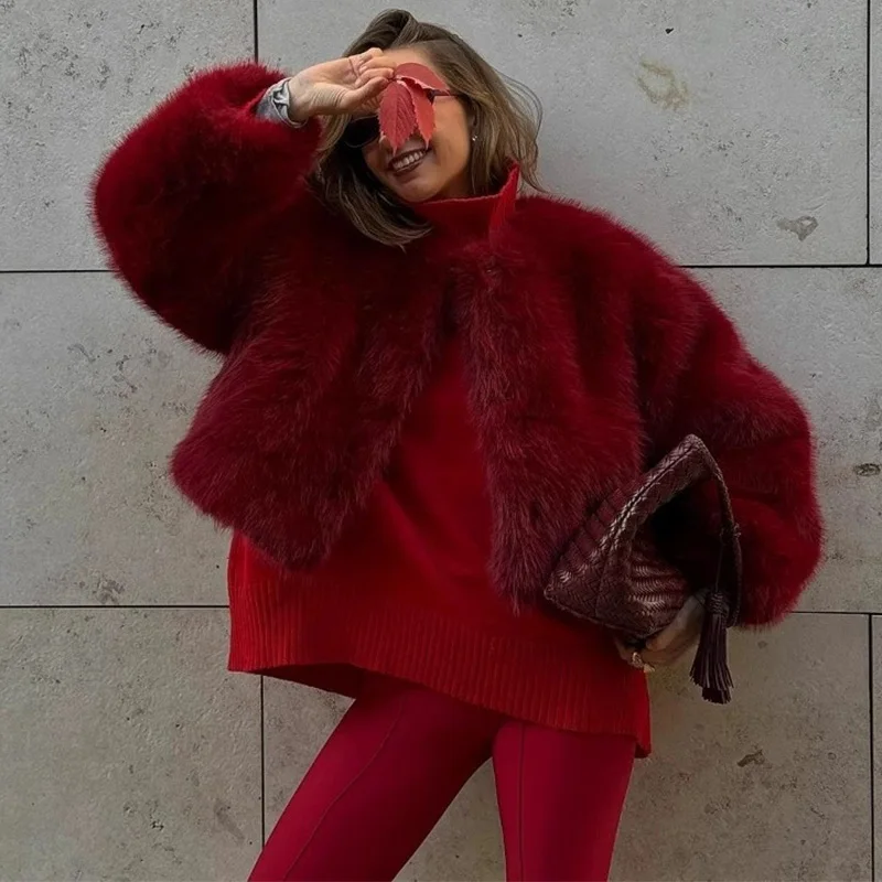 Trendix Red Faux Fur Hooded Coat Femme Fashion Oversized Sleeve Solid Cardigan Top 2025 Winter New High Luxury Elegant Outerwear