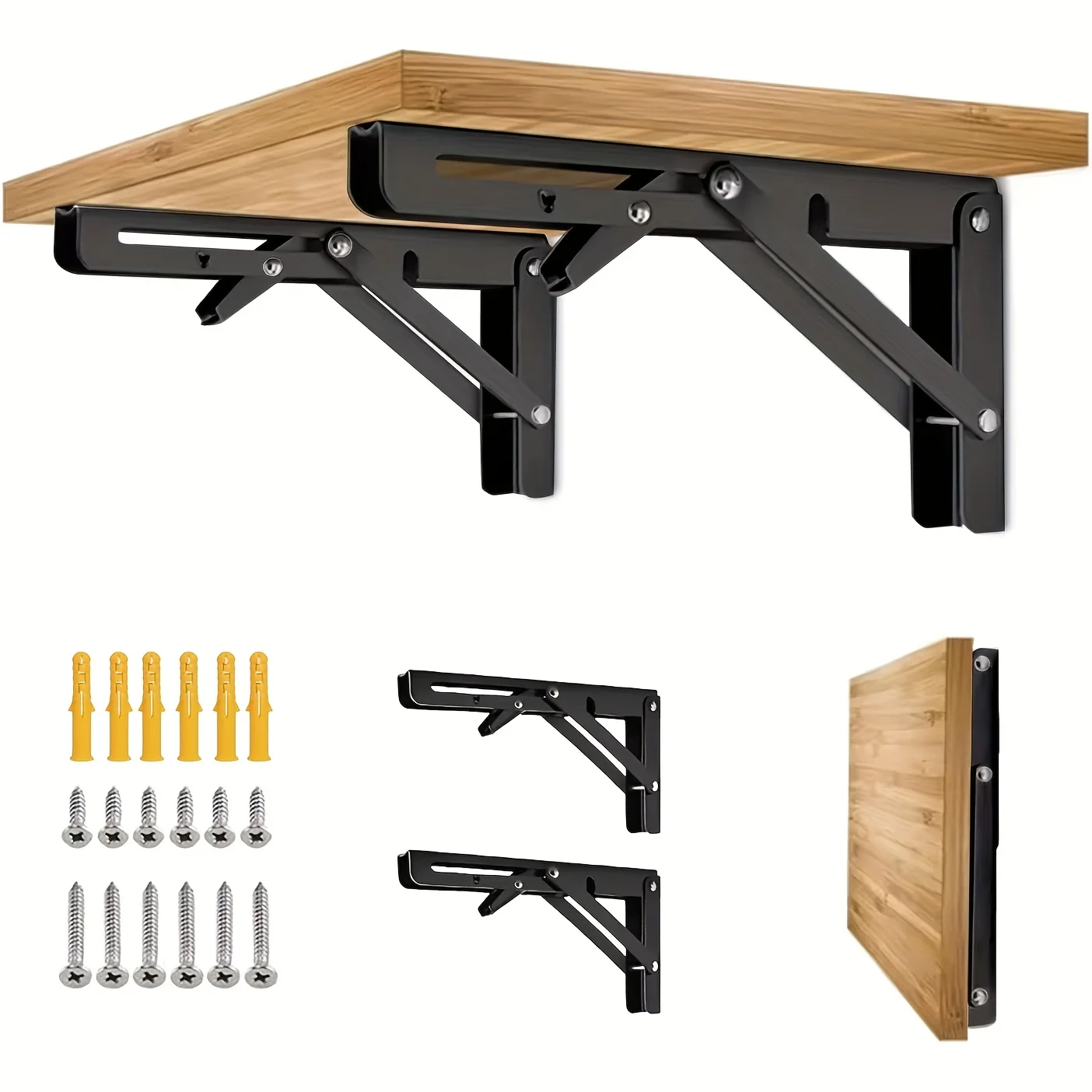 4Pcs Black 8 Inch Folding Triangle Shelf Brackets, Heavy Duty Adjustable Wall Mounted Support Brackets for Home Storage