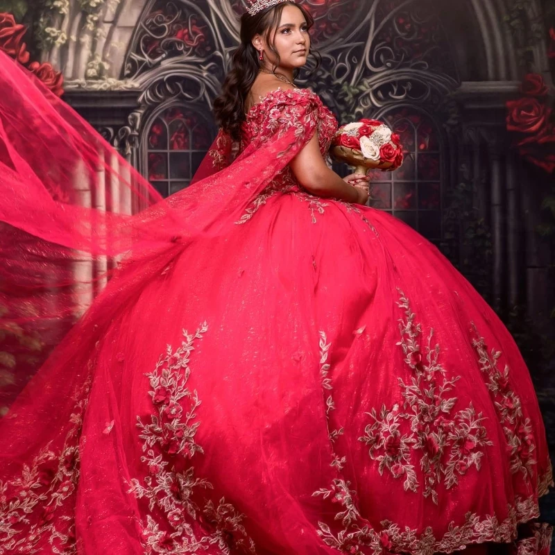 

Red Shiny Ball Gown 15 Year Old Quinceanera Dresses 2024 With Wrap 3D Flowers Applique Beads Floor Length Birthday Party Dress