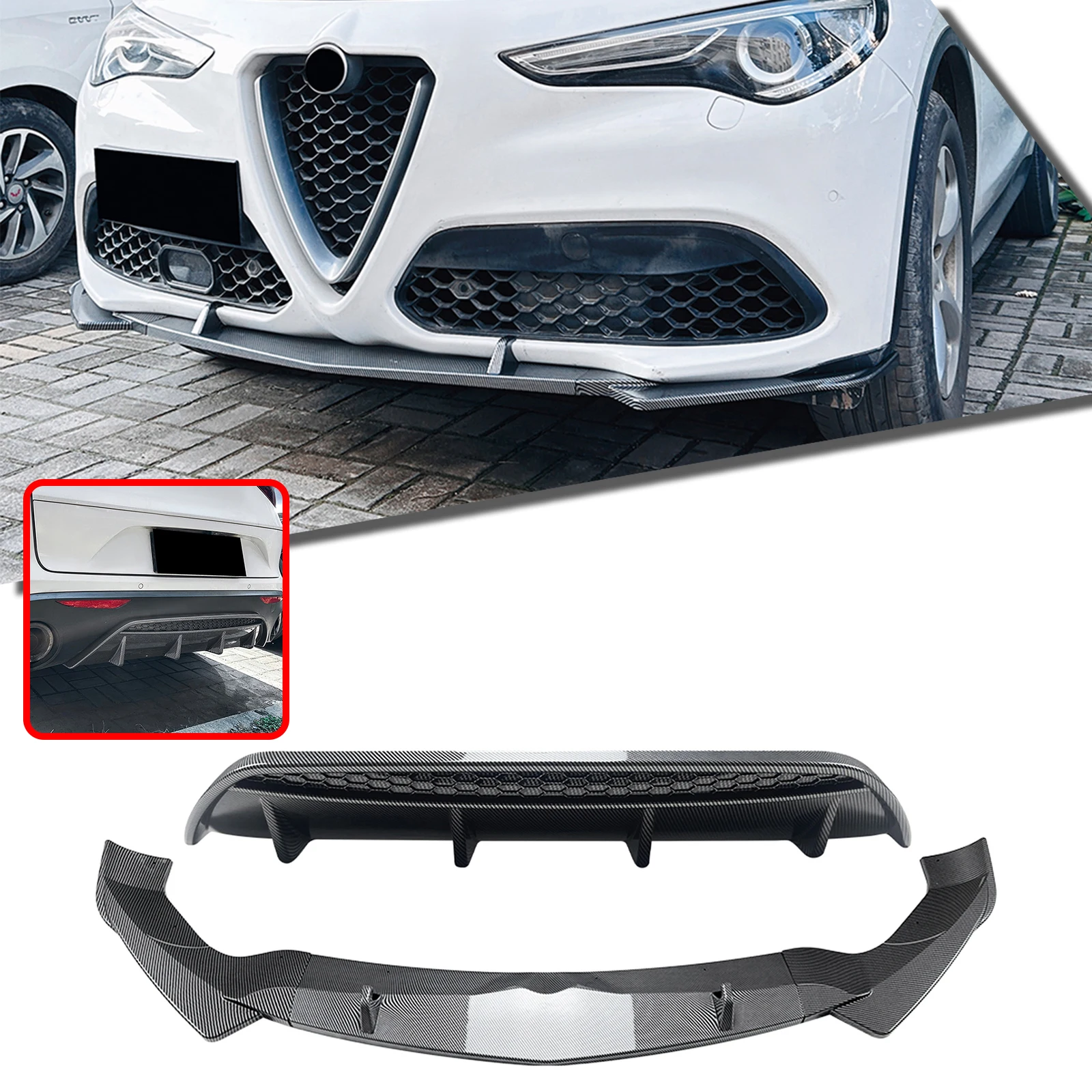 Front Bumper Lip + Rear Diffuser Spoiler Splitter Lower Blade Kit For Alfa Romeo Stelvio 2017-2025 Carbon Fiber Look/Gloss Black