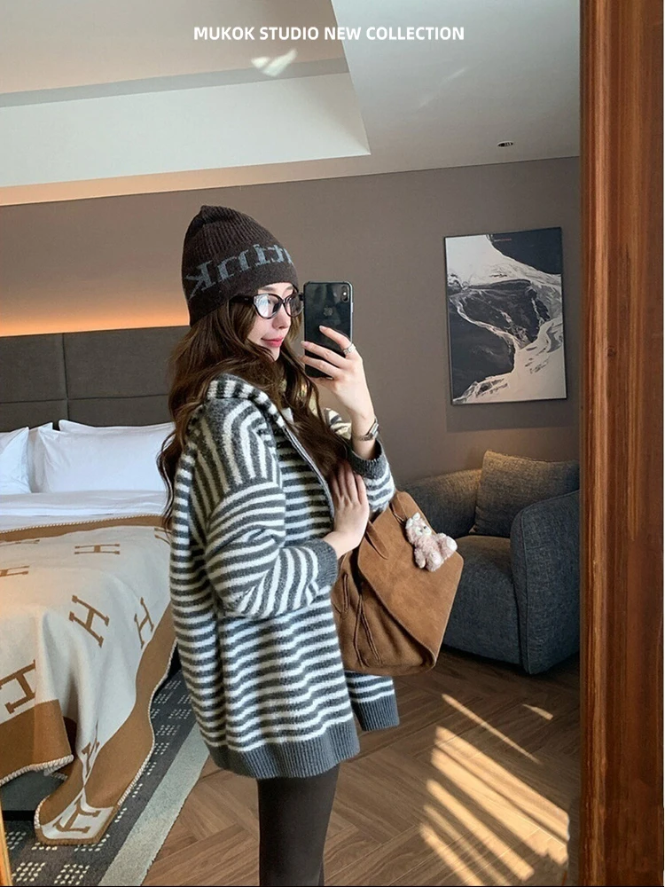 

Classic Striped Loose Wool Blend Hooded Casual Knitwear MUKOK Korean Sle Open Cardigan Sweatirt for Women Winter Season