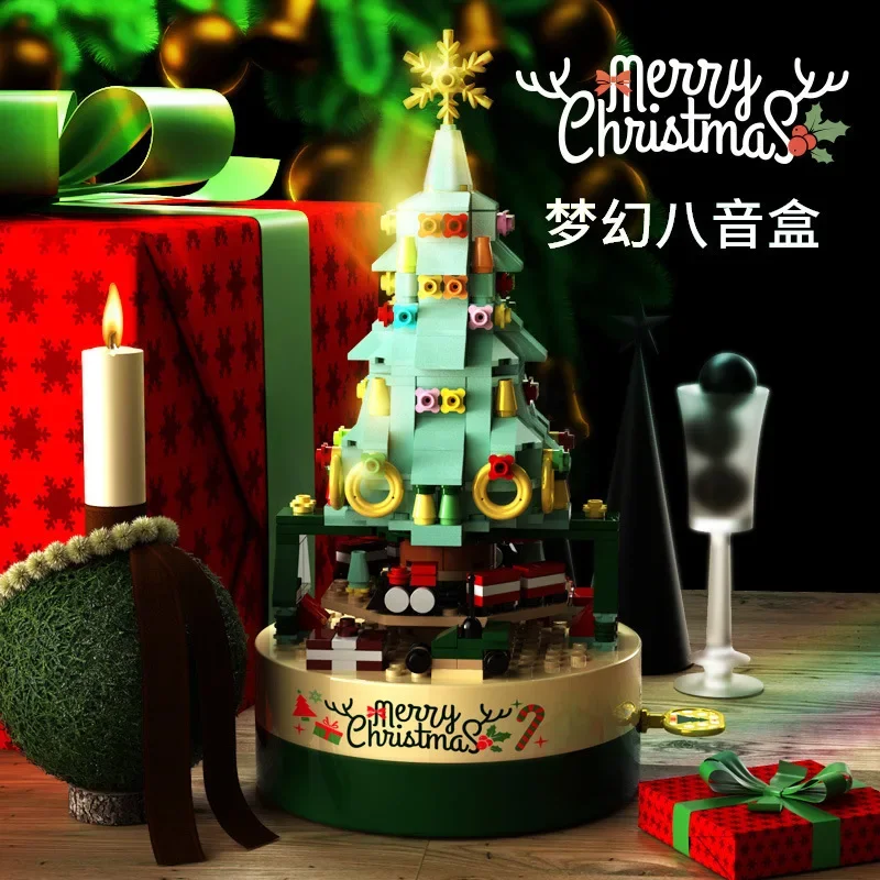 

Small Building Block Rotating Music Box Christmas Tree Ornaments Christmas Children's Gifts Exquisite Gift Box Assembling Toys