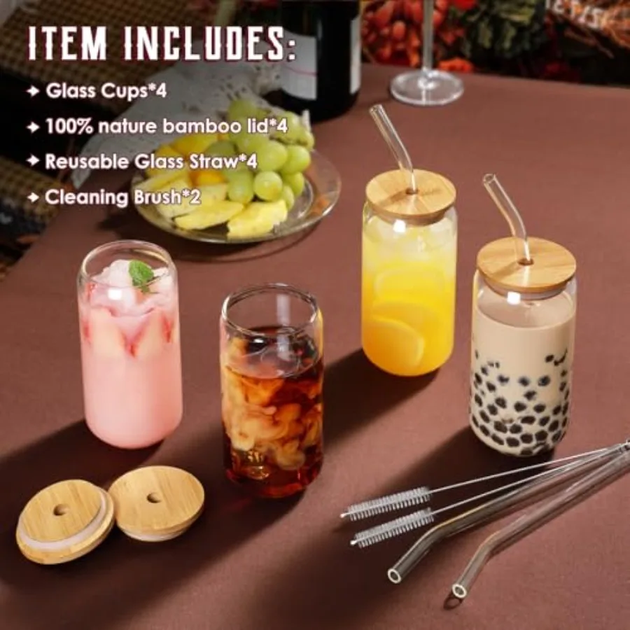Drinking Glasses with Bamboo Lids and Glass Straw 4pcs Set - oz Glass Cups, Iced Coffee Glasses, Cute iced Tea Glasses, Beer Gl view 2