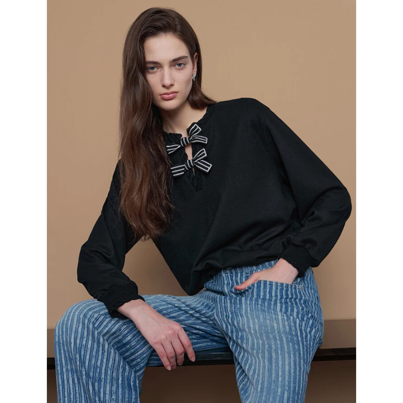 

Женский вязаный свитшот Ele Anti-Aging с узлом и шелковой лентой, два цвета, для повседневной носки, с длинными рукавами