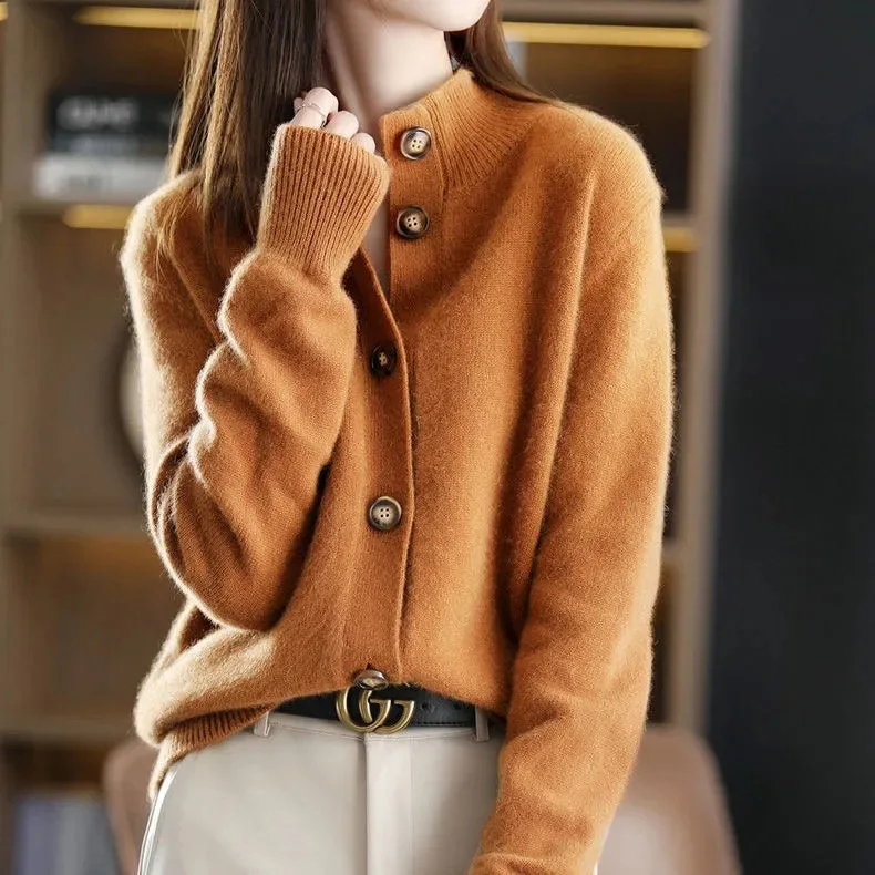 Autumn and Winter 100% Wool Cashmere Sweater Women's Self-Cultivation Half High Neck Cardigan Warm Knitted Sweater Women