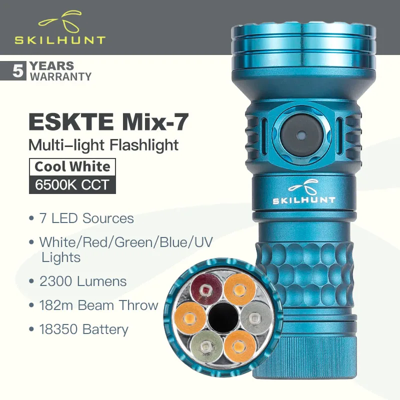 Skilhunt ESKTE Mix-7 (Cool White Version) Portable Flashlight, 7 LED Sources, White/Red/Green/Blue/UV Lights, with 18350 Battery