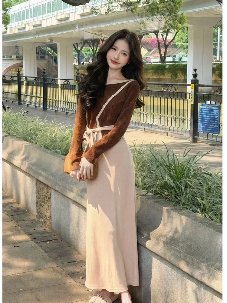 

Двухкомпонентный комплект из дерева и шерсти в коричневых тонах, маленький размер, осенне-зимний, повседневный, с длинным кардиганом