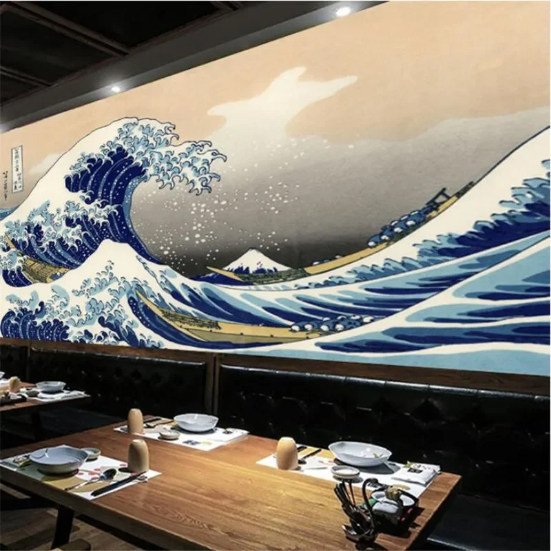 Papel tapiz de fotos HD de olas grandes ukiyo-e japonés y fondo de viento, papel de pared 3D para cocina japonesa, decoración de restaurante de Sushi