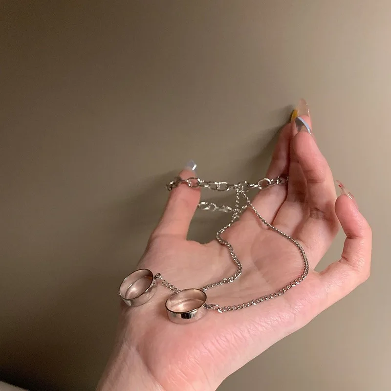 Punk Cool Girls Stainless Steel Finger Chain Bracelet Adjustable Double Ring Hand Harness Trendy Bracelet Jewelry Gift for Party