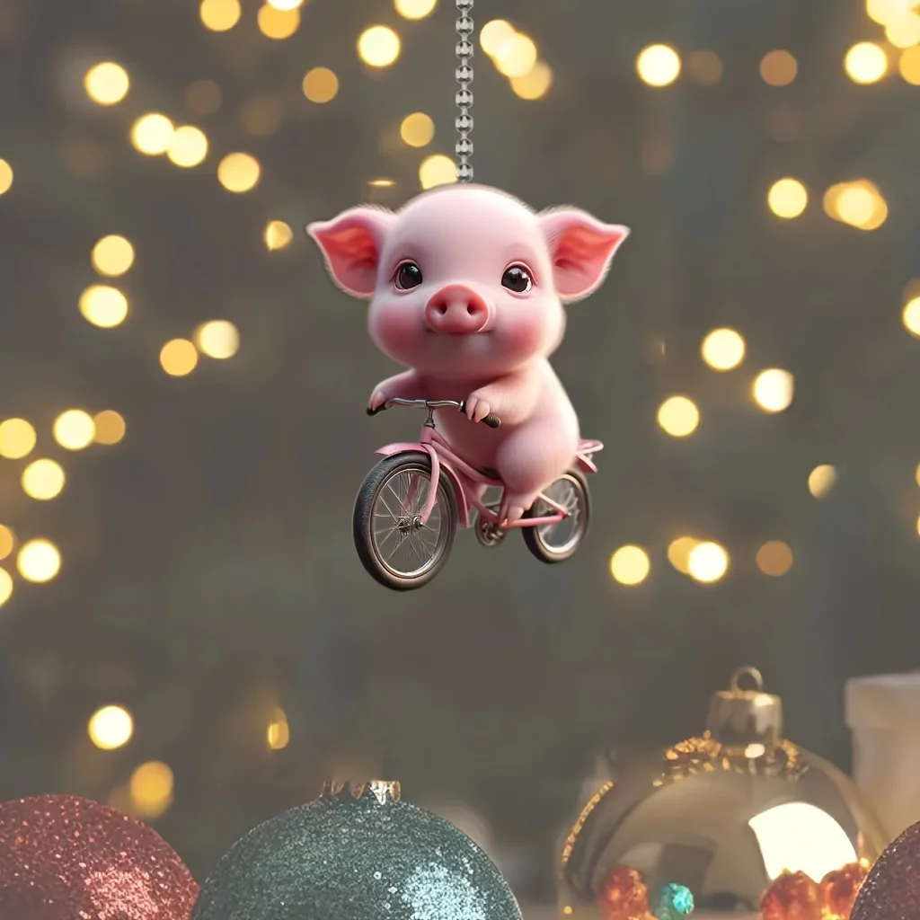 2D Acrylic Bicycle Little Pig Car Rearview Mirror Decorative Pendant, Bag Keychain Pendant, Home Decoration Pendant