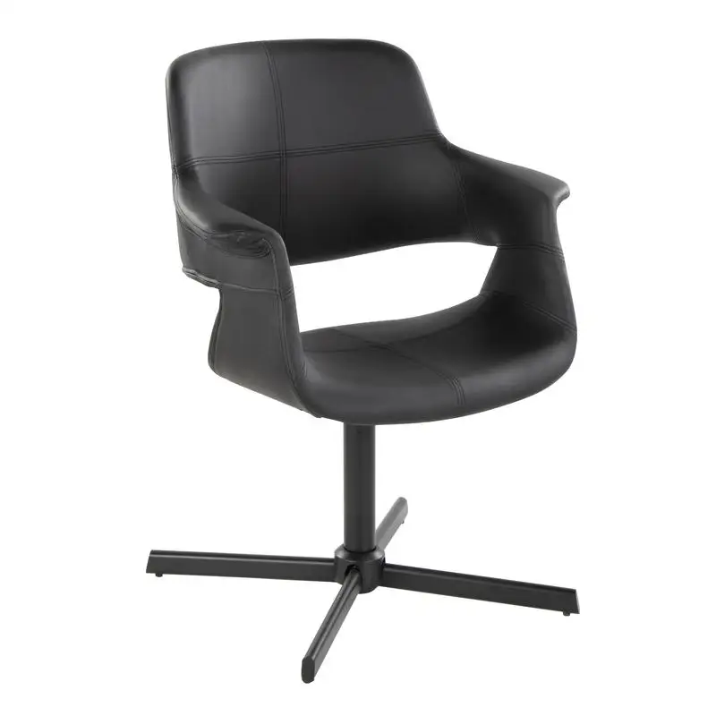 Vintage Flair Mid-Century Modern Swivel Accent Chair with X-Pedestal Base in Black Metal and Black Faux Leather