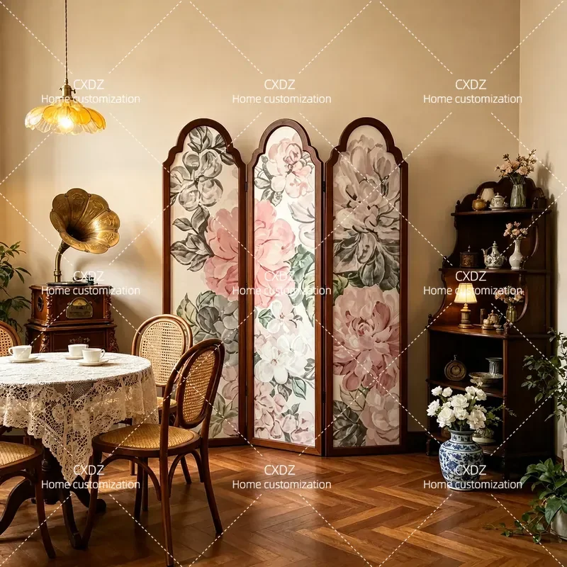 French Retro Flower Arched Screen Living Room Entrance Bedroom Partition Nanyang Medieval Solid Wood Folding Decorative