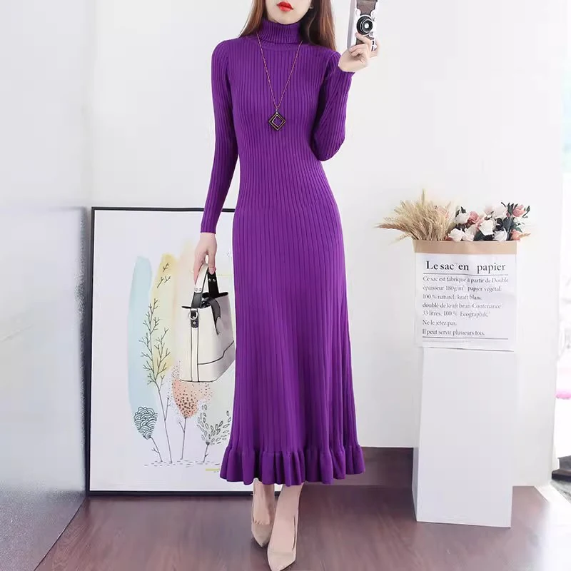 

New Women Autumn Winter Sweater Dress Warm Turtleneck Long Sleeve Elastic Slim Knitted Dress Elegant Simplicity Long Sweater