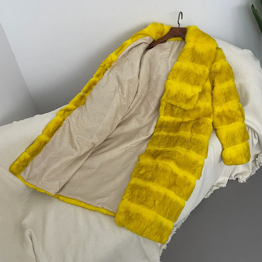 2024 herbst/Winter Natürliche Kaninchen Pelzmantel Pelz Onesie frauen Revers Mid-länge Warme Dicke Mantel Benutzerdefinierte farbe
