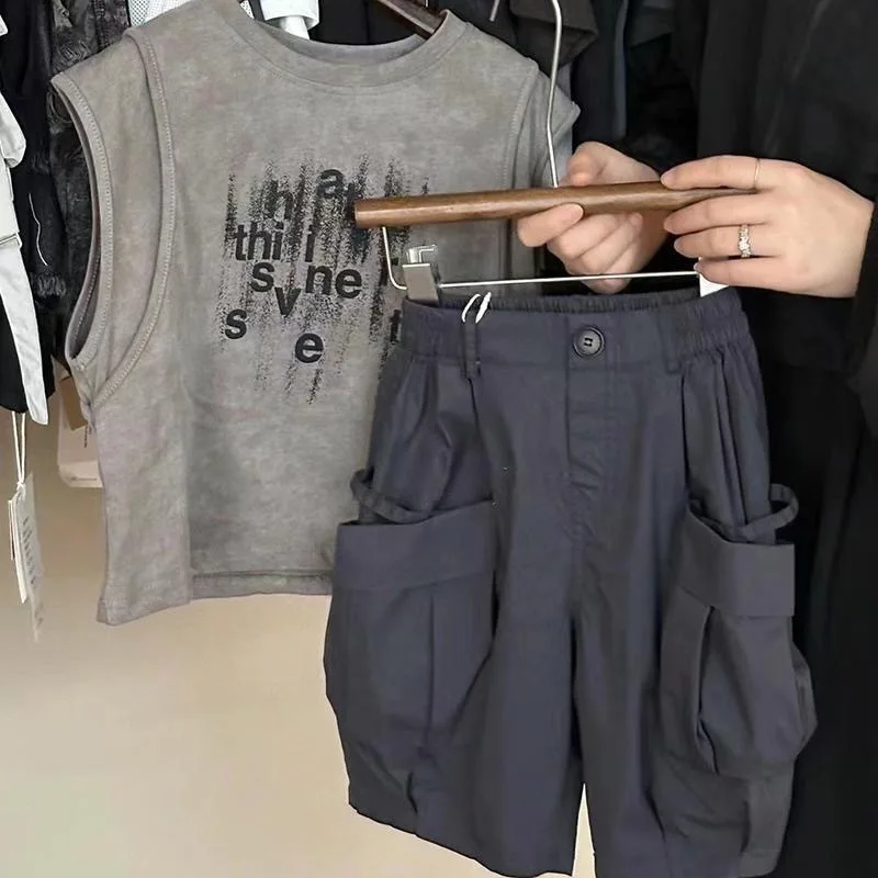 2025 Summer Korean Boys Clothing Set 2-Piece Grey Cool Vest + Cargo Shorts for 3-13Y Kids Lightweight Japanese Style