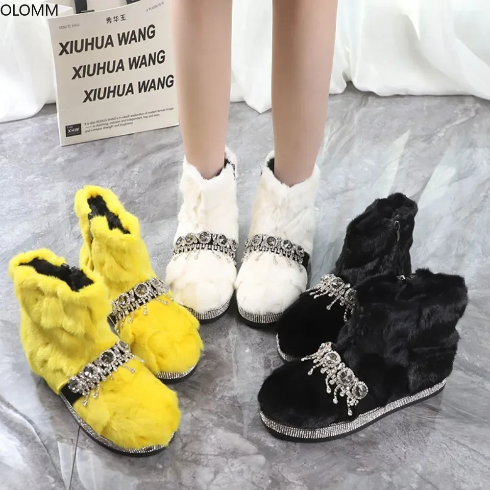 Womens Rhinestones Real Mink Fur Ankle Boots Rhinestones Crystal Platform Snow Warm Winter Shoes Candy Colors Thick