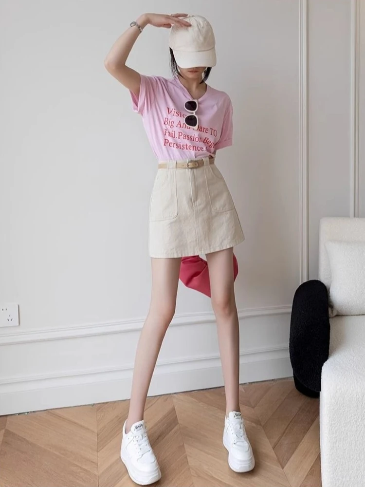 Slimming Denim 2026 Summer New Arrival High Waist Casual Letter Pocket Short Skirt Women Anti Exposure Solid Color