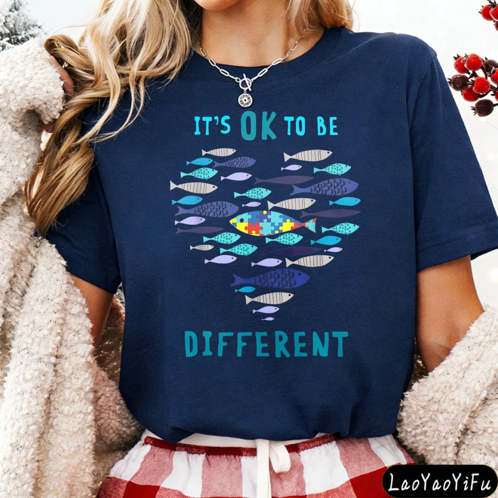 Its Ok To Be Different Fish Pattern Women Graphic T Shirts Cotton Short Sleeve Casual Fashion Summer Fishing Enthusiast Tops