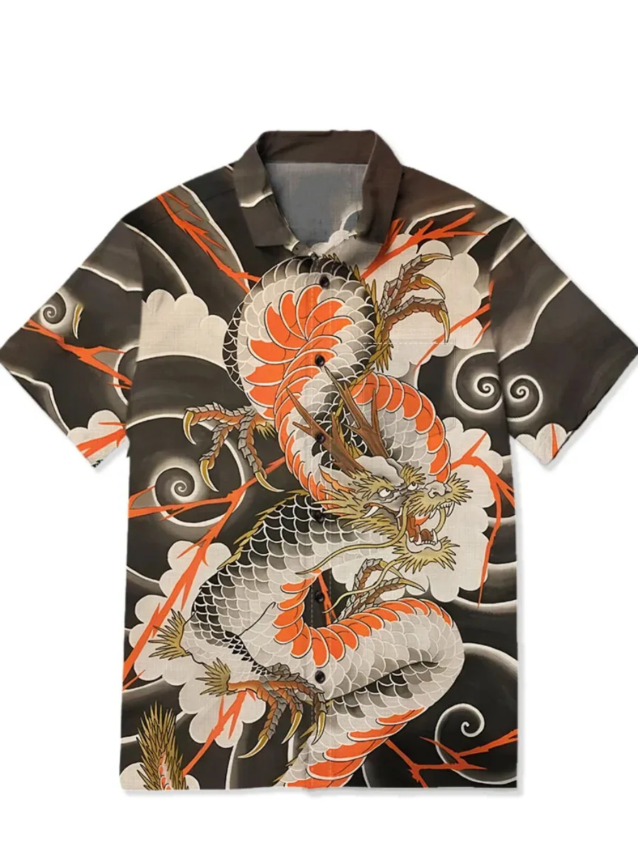 

New anime shirt, men's art pattern, summer short-sleeved top, casual lapel outfit, oversized buttons, retro Hawaiian beach style