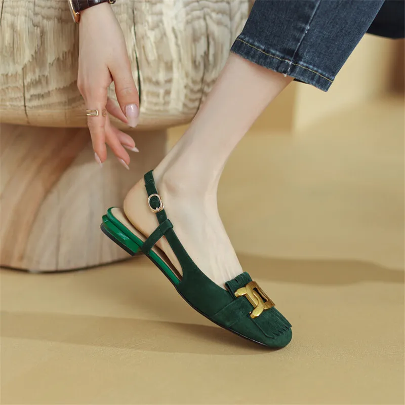 Summer Sandals Shoes Low Heel Women Sandals Fashion Metal Buckle Sheep Suede Sandals Tassel Women Pumps Ladies Shoes Green - view 3