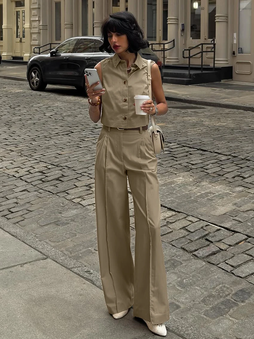 

Marthaqiqi Fashion Ladies Sleepwear Set Turn-Down Collar Pajama Crop Top Nightie Sexy Sleeveless Nightwear Pants Nightgown Suit