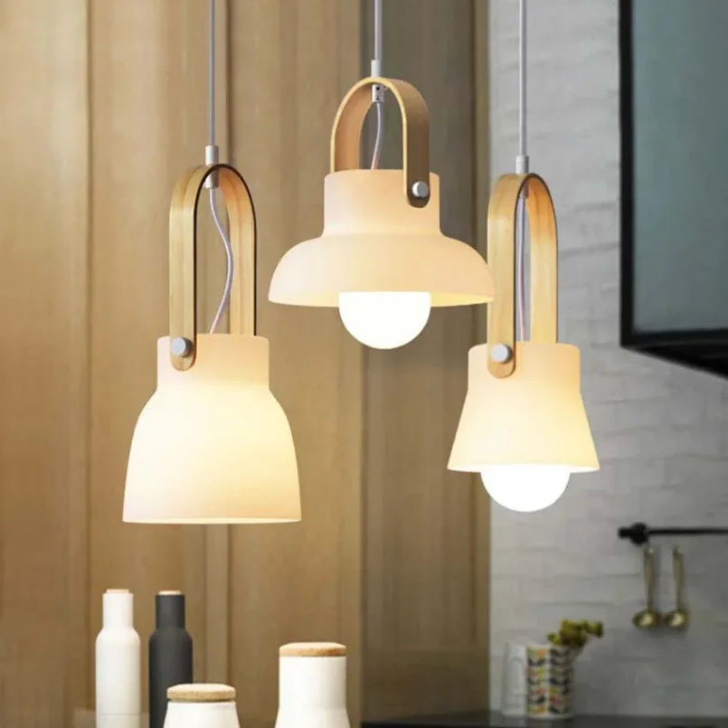 

Nordic White Glass Pendant Light for Restaurant Cafe Kitchen Hanging Lamp Wood Grain Ceiling Chandeliers Droplight Suspension