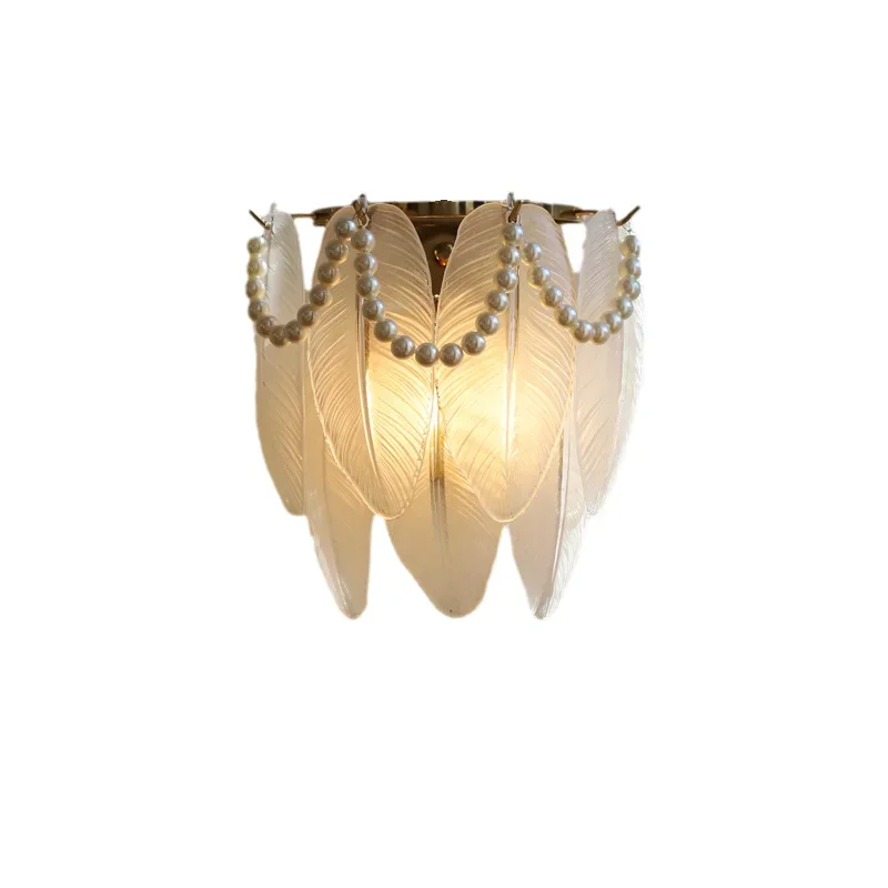 

French pearl feather glass wall lamp, American retro light luxury living room aisle bedroom bedside wall lamp